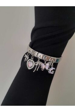 bijoux uniques Çelik Taşlı Kurdele&Kalp&Fiyonk&Kelebek&Ay Figürlü İtalyan Charm Bileklik
