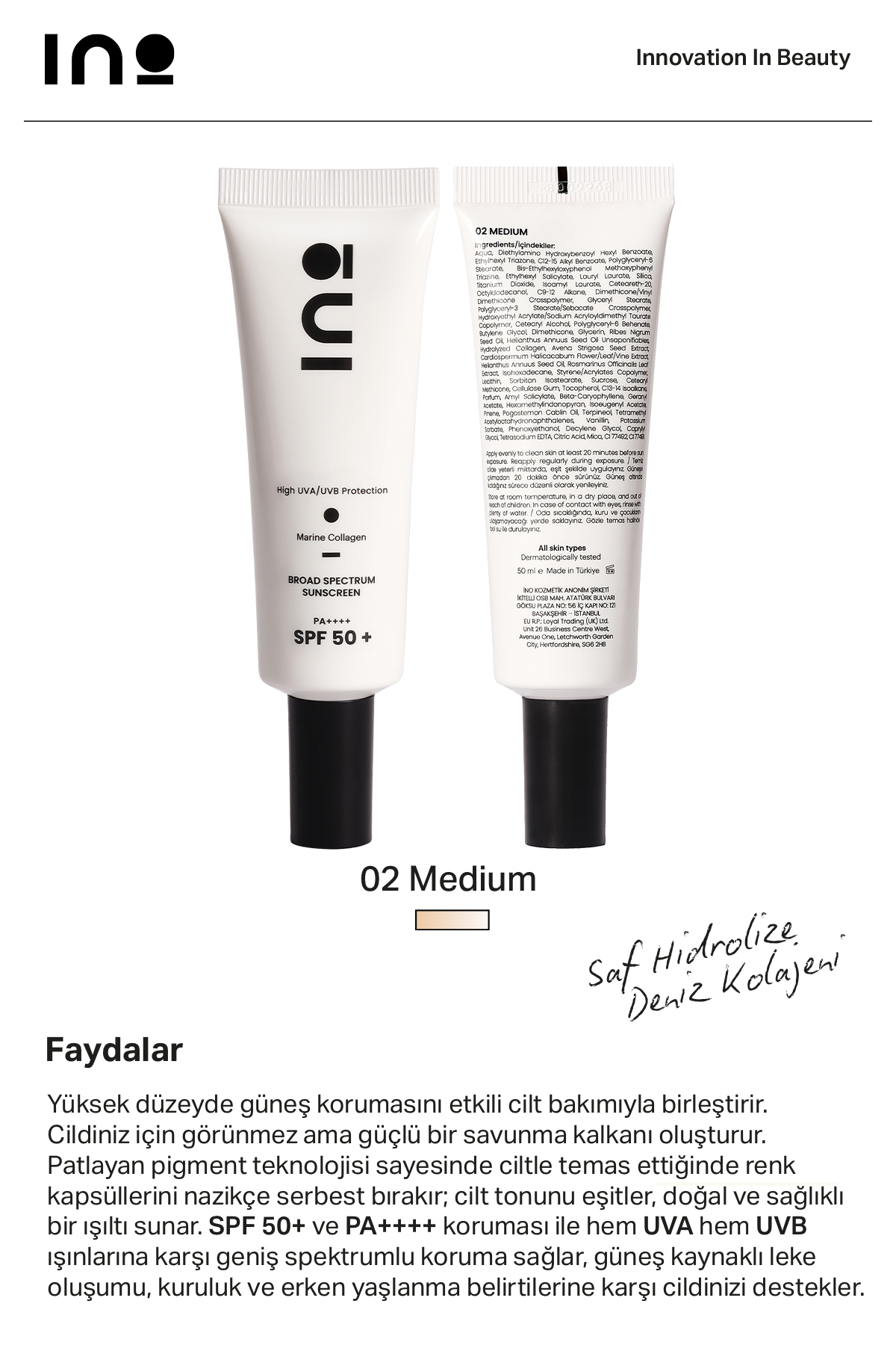 INO Beauty Nemlendirici Güneş Kremi SPF+50 02 MEDUIM Cilt Tonu Eşitleyici (Saf Kolajen) - Görsel 3
