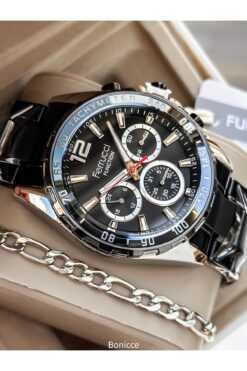 Ferrucci Erkek Kol Saati, Takvimli Fonksiyonları Aktif, Siyah Çelik Kordon, Siyah Kadran + Bileklik