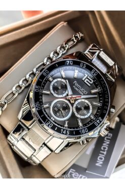 Ferrucci Erkek Kol Saati, Takvimli Fonksiyonları Aktif, Gümüş Çelik Kordon, Siyah Kadran + Bileklik