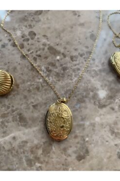 Pinery Jewels Vintage Oval Içi Açılabilen Kapaklı Fotograf Koyulabilen Çelik Kararmaz Gold Kolye