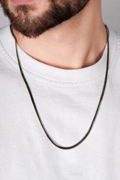 The Collection Yassı Italyan Model Siyah Snake Yılan Kolye 316 L Çelik Erkek Zincir