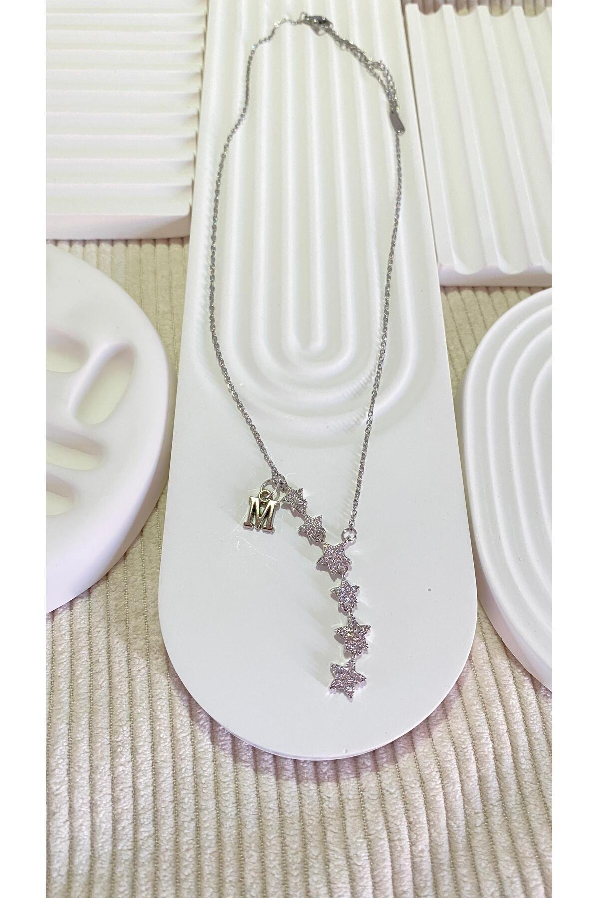 bijoux uniques Kayan Yıldız M Harfli Çelik Kolye