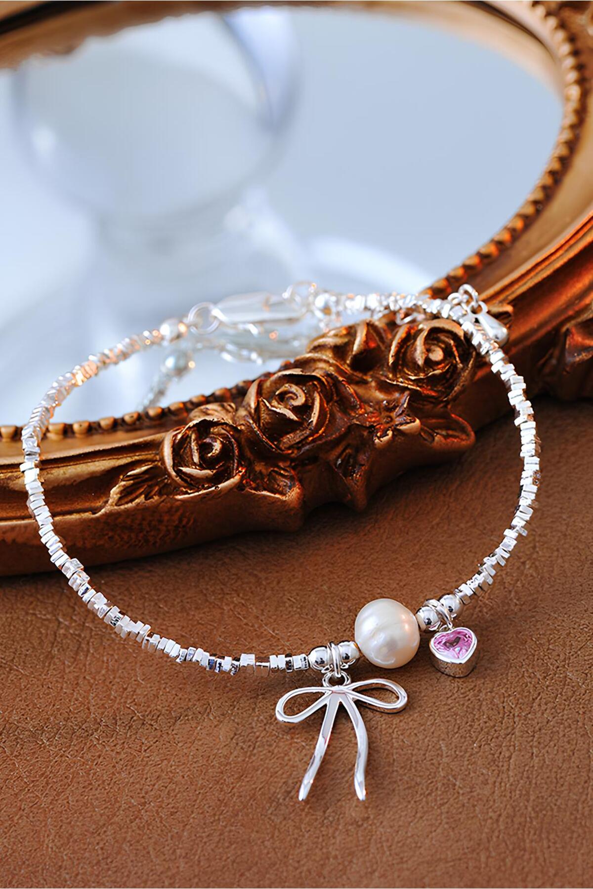 The Collection Fiyonk Kurdele Pembe Kalp Detaylı Pinterest Inci Taş Princess Çelik Bileklik - Görsel 2