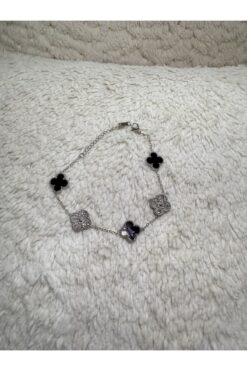 ANGELSS JEWELLERY Siyah Gümüş Renk Zirkon Taşlı Yonca Model Çelik Bileklik (Yonca Model Siyah Bileklik)