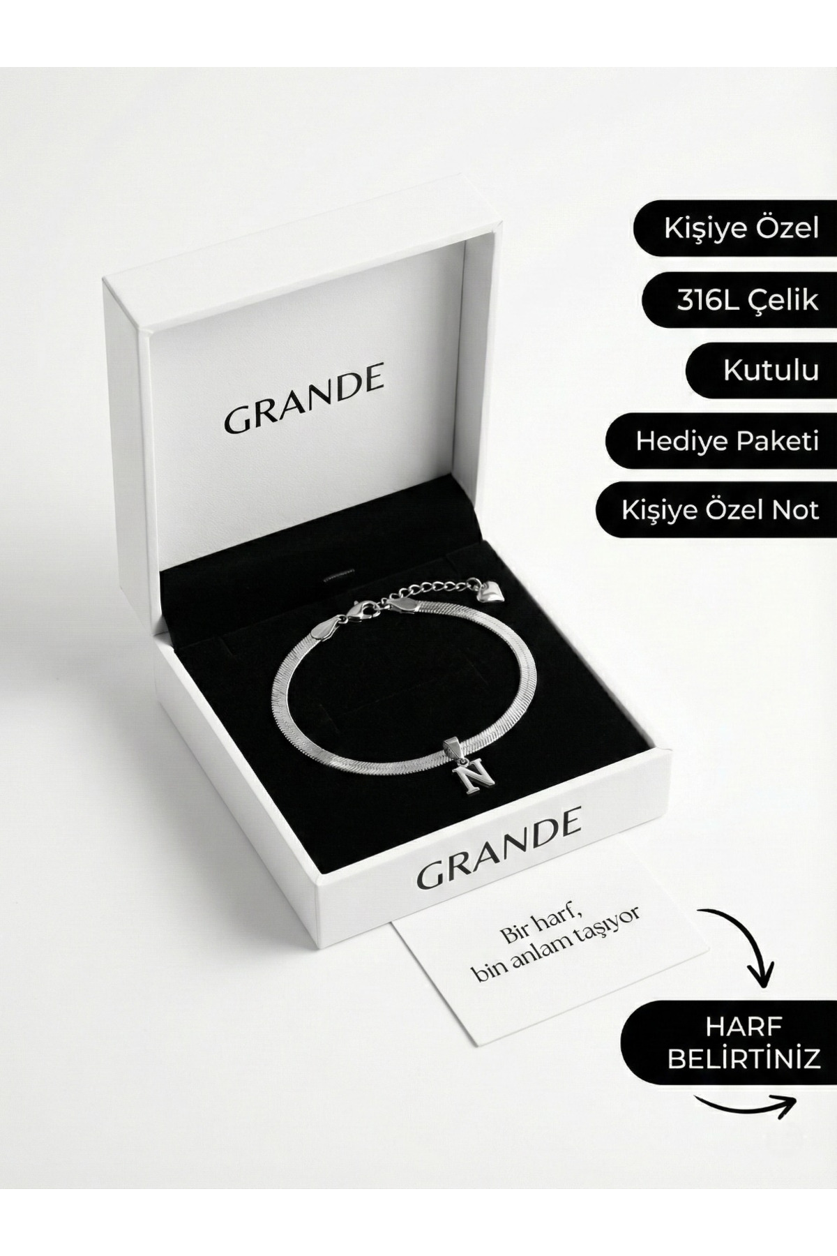 GrandeAccessory Sevgililer Gününe İtalyan Baş Harfli Kişiye Özel Bileklik | 316L Çelik | Kutulu