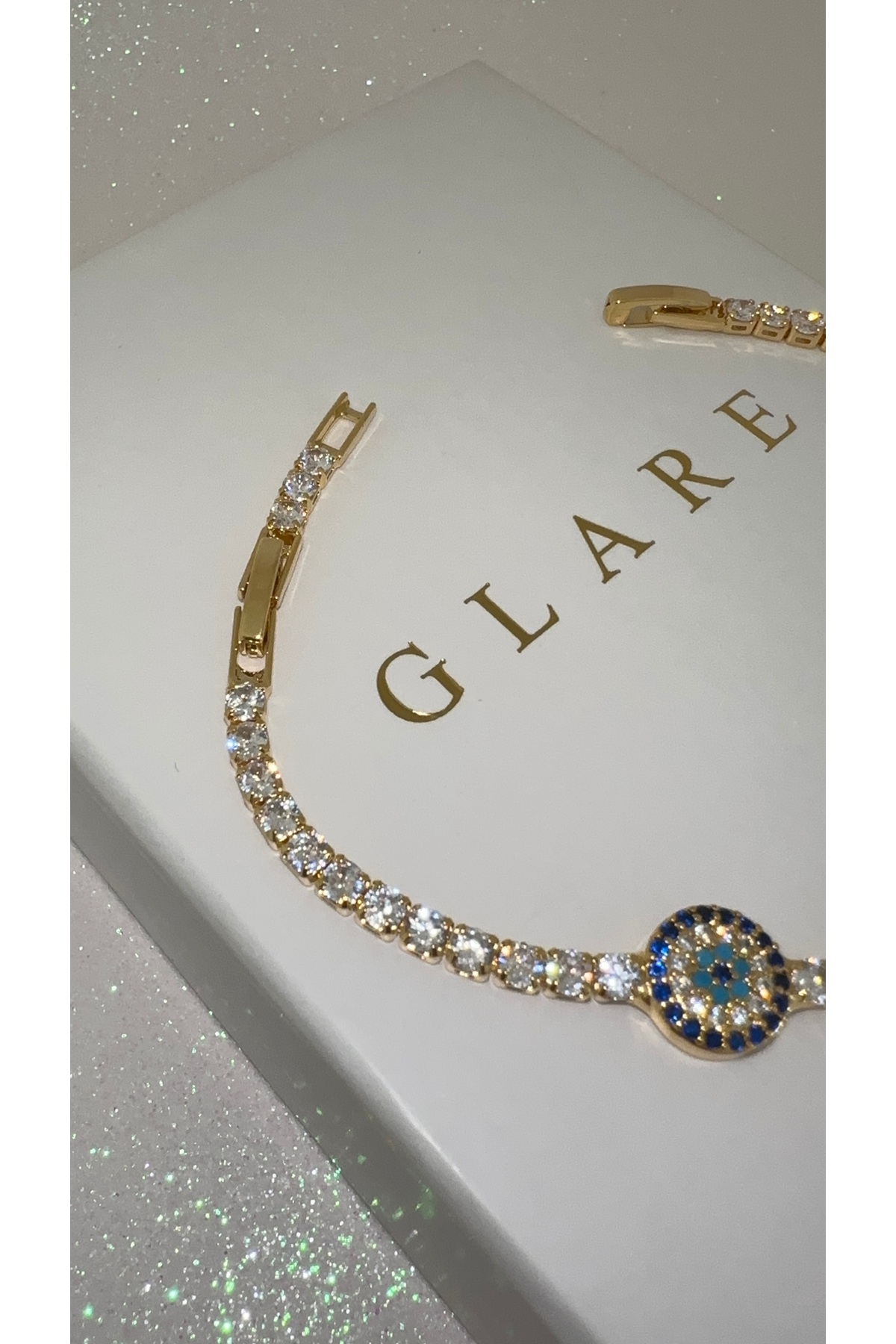 GLARE JEWELRY CO Gümüş Rodyumlu Zirkon Taşlı Üç Nazar Boncuklu Camgöz Suyolu Bileklik 15+3 cm - Görsel 2