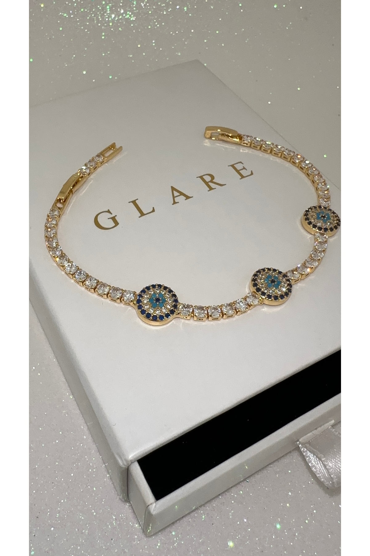 GLARE JEWELRY CO Gümüş Rodyumlu Zirkon Taşlı Üç Nazar Boncuklu Camgöz Suyolu Bileklik 15+3 cm - Görsel 3