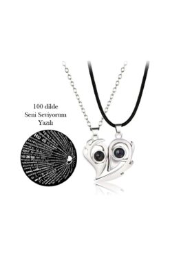 GLANZEND 2'li 100 Dilde Seni Seviyorum Mıknatıslı Kalpli Sevgili Çift Kolyesi