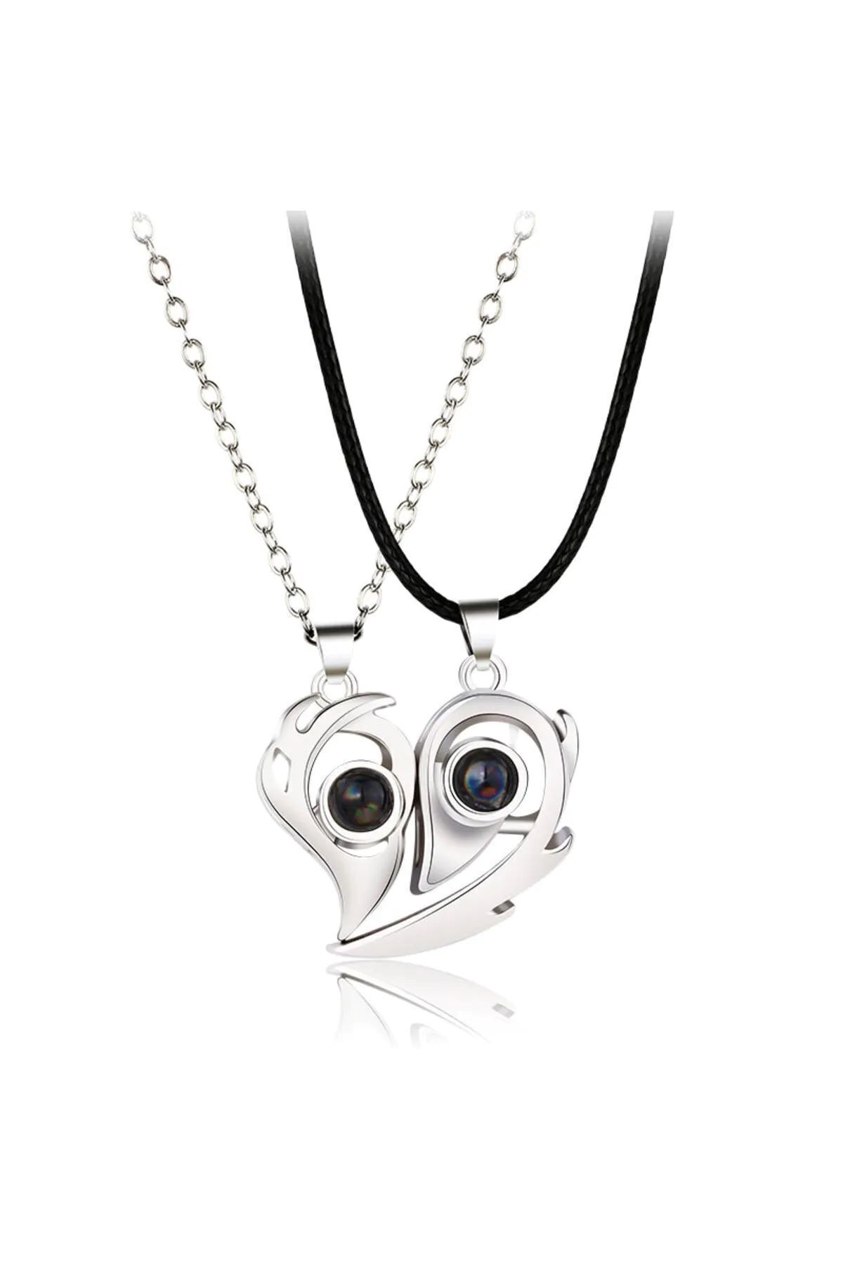 GLANZEND 2'li 100 Dilde Seni Seviyorum Mıknatıslı Kalpli Sevgili Çift Kolyesi - Görsel 2