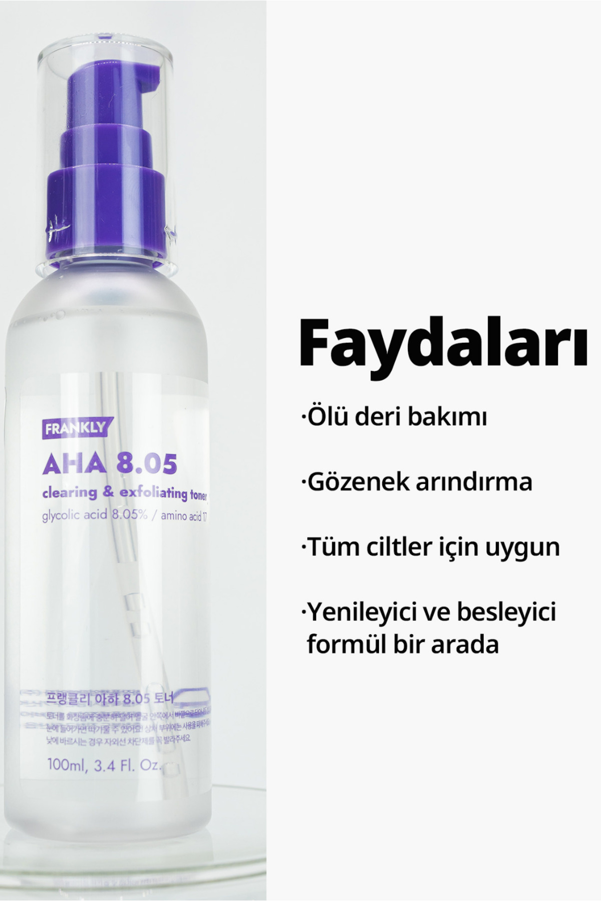 FRANKLY %8 Glikolik Asit İçeren Gözenek Arındırıcı, Sıkılaştırıcı ve Aydınlatıcı AHA Tonik 100 mL - Görsel 2