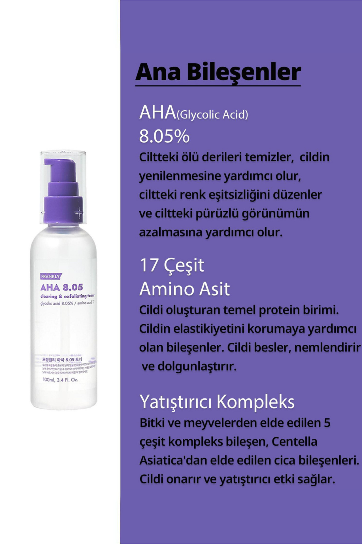 FRANKLY %8 Glikolik Asit İçeren Gözenek Arındırıcı, Sıkılaştırıcı ve Aydınlatıcı AHA Tonik 100 mL - Görsel 3