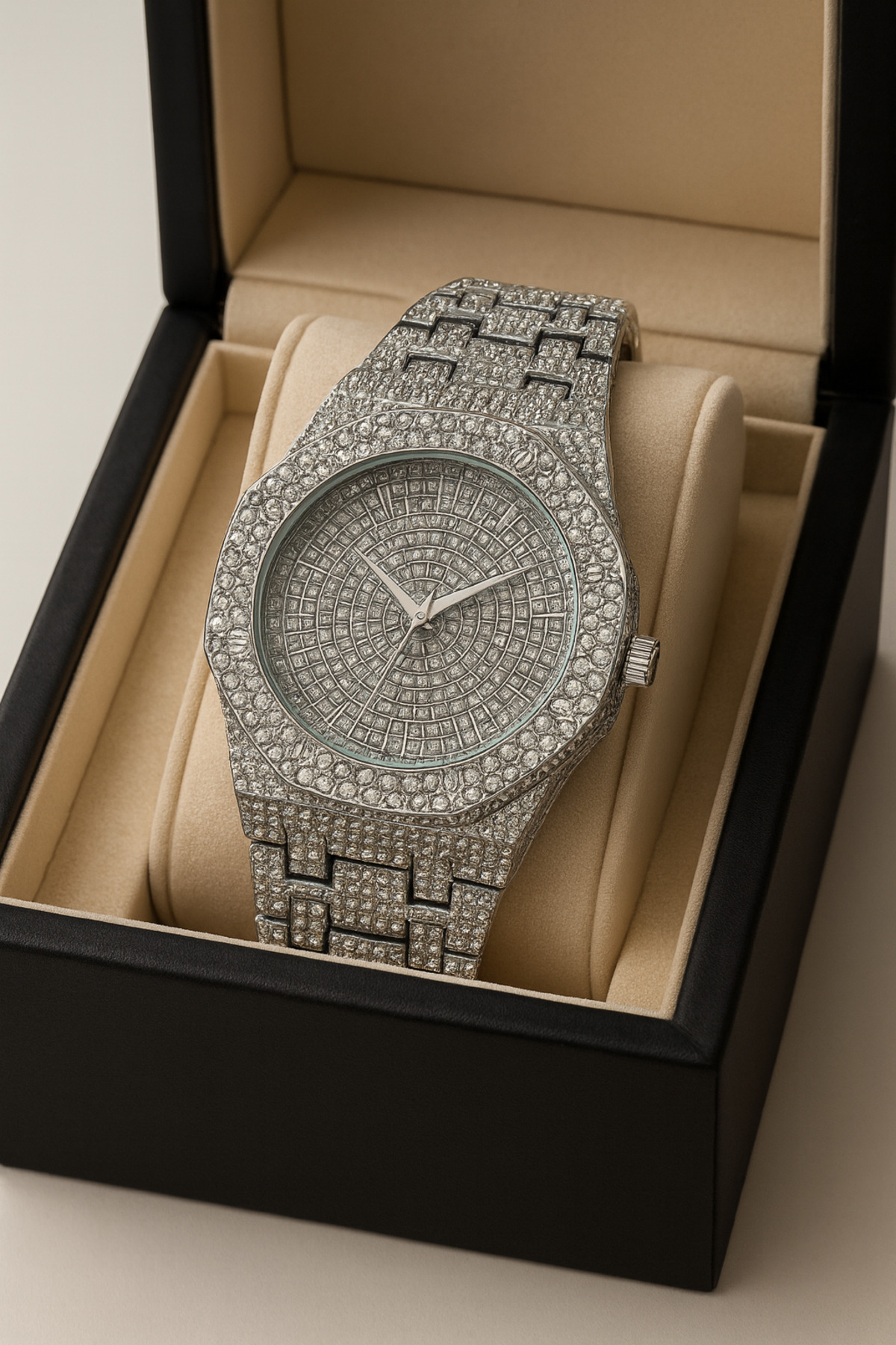 pierrose Erkek Kol Saati Taş Kaplamalı Çelik Kordon Gümüş Renk Işıltılı Kadran Quartz Lüks Saat - Görsel 2