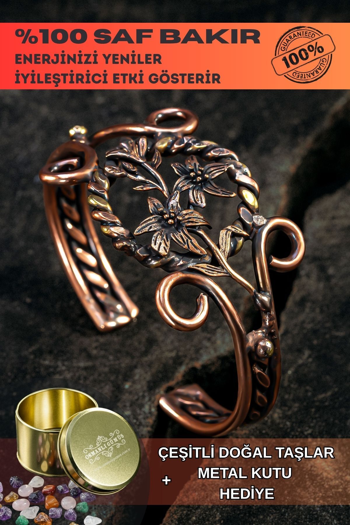 OSMANLI GÜMÜŞ Nergiz Çiçeği Bakır Bileklik Pirinç Detaylı Erkek Kadın Kuvars Taşlı Metal Kutu