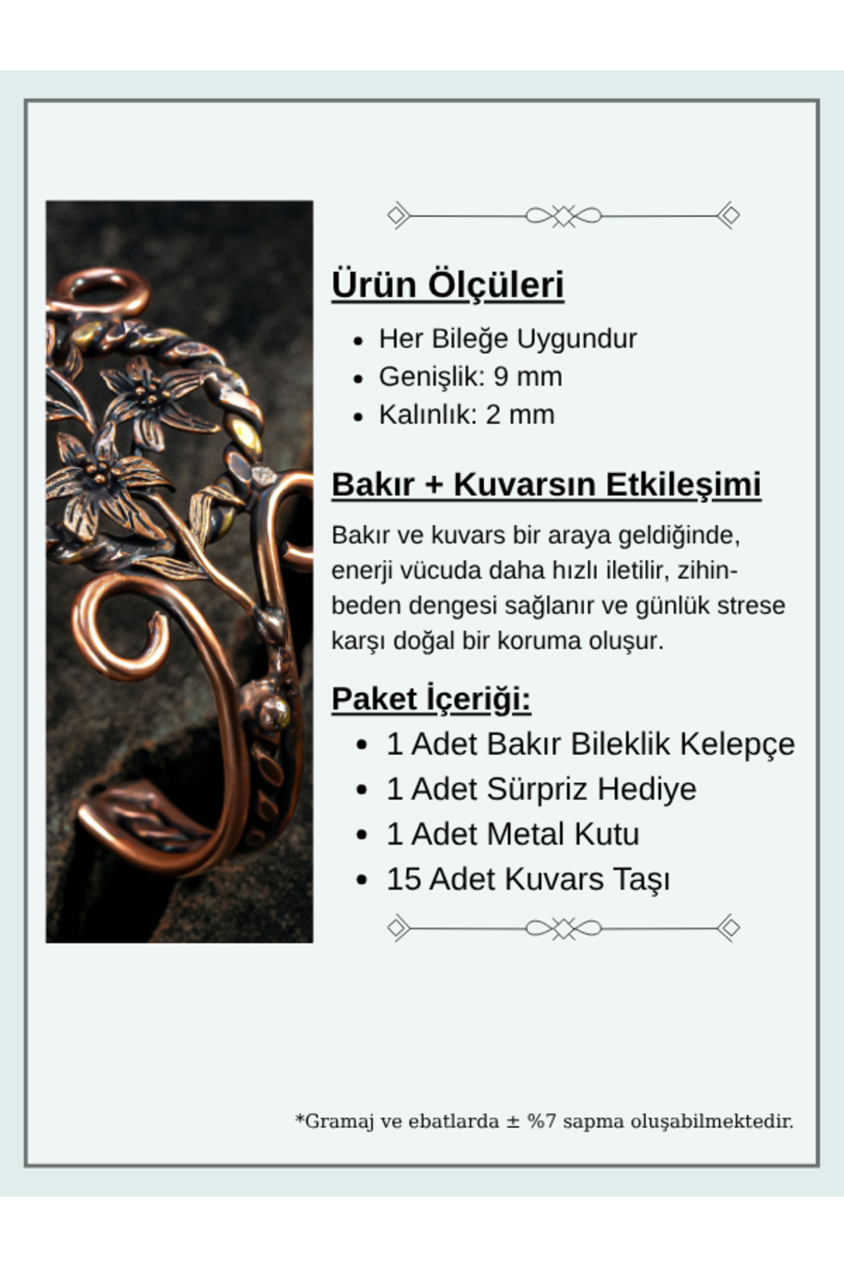 OSMANLI GÜMÜŞ Nergiz Çiçeği Bakır Bileklik Pirinç Detaylı Erkek Kadın Kuvars Taşlı Metal Kutu - Görsel 3