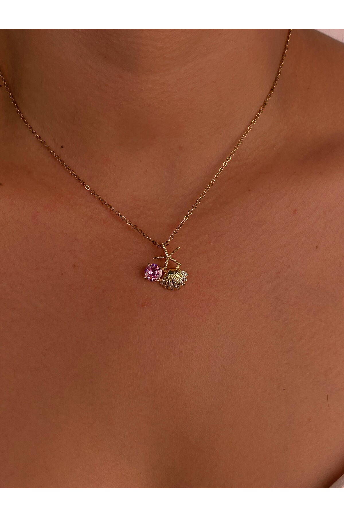 Furtek Aksesuar Deniz Yıldızı Deniz Kabuğu Çelik Gold Kolye Zarif Beach Minik Zirkon Zincir Hediyelik