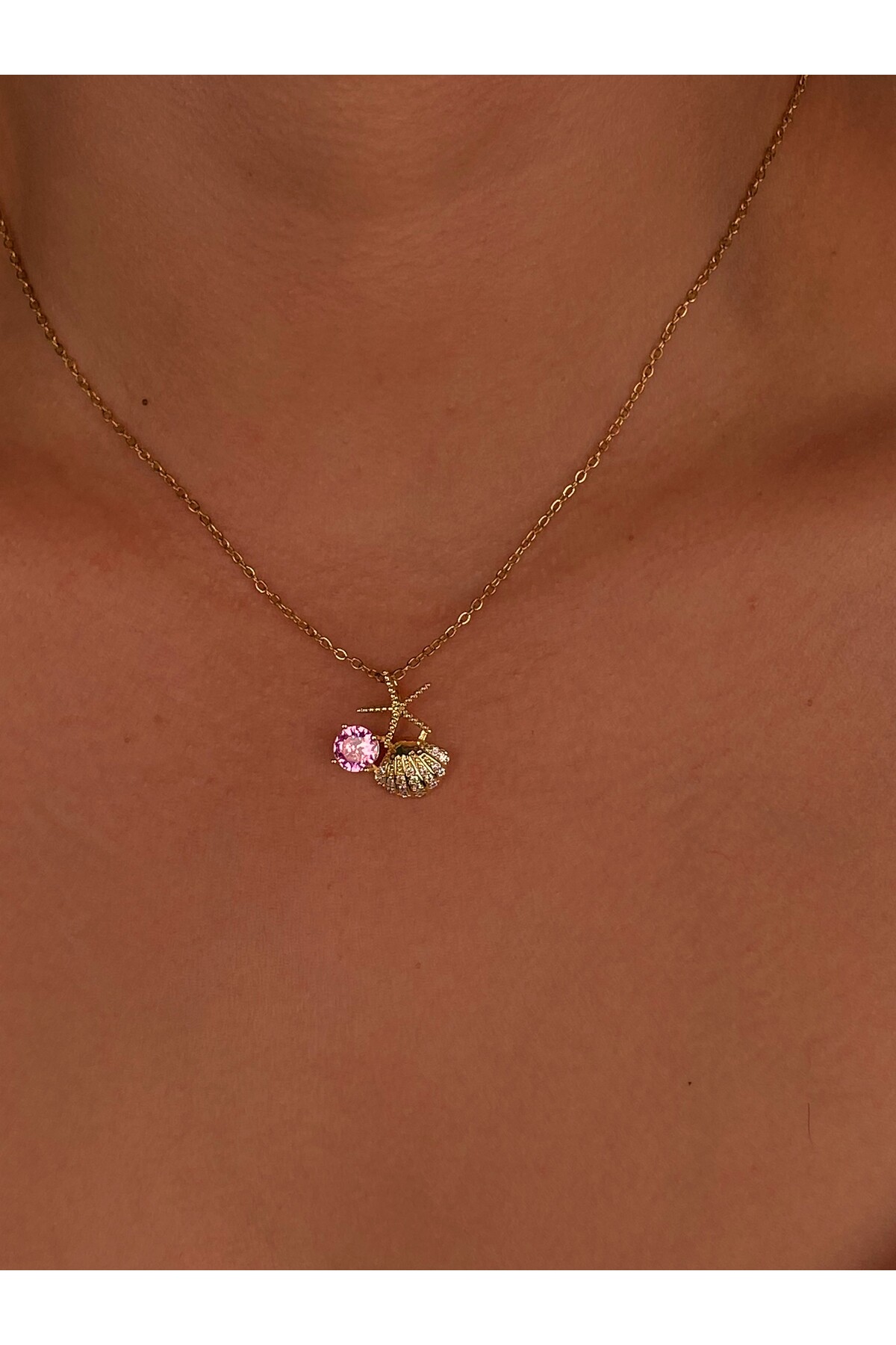 Furtek Aksesuar Deniz Yıldızı Deniz Kabuğu Çelik Gold Kolye Zarif Beach Minik Zirkon Zincir Hediyelik - Görsel 2