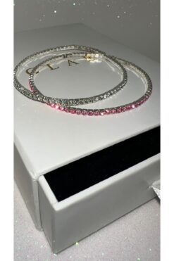 GLARE JEWELRY CO 2 ADET 1mm Pembe ve Beyaz Taşlı Gümüş Renk Paslanmaz Çelik Esnek Bileklik