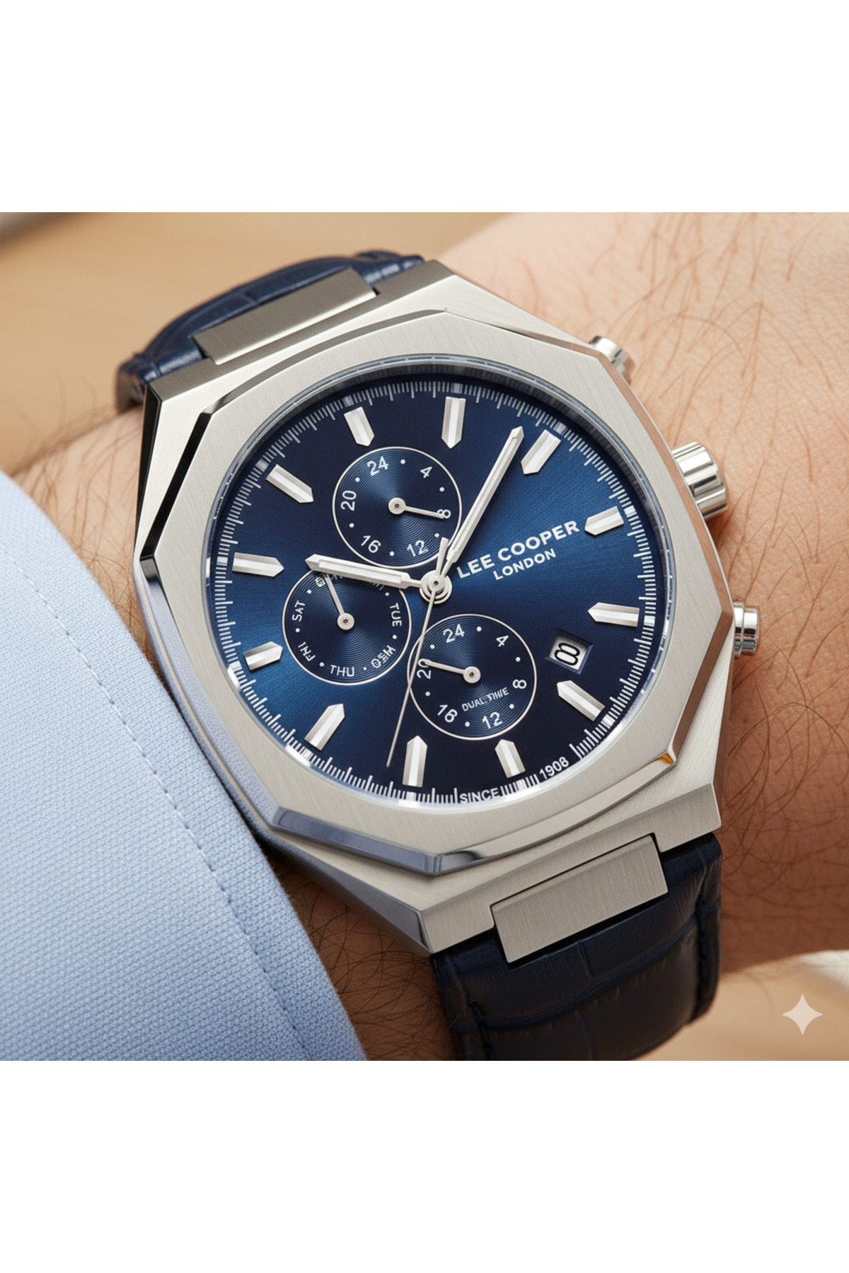 Lee Cooper Özel Tasarım Erkek Saati | Lacivert & Gümüş Uyumu - Multifonksiyonlu,Octagon Kasa Şıklığı