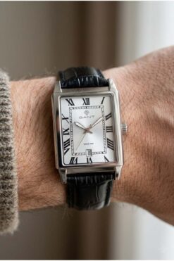 Gant Silver Dikdörtgen Kasa Erkek Kol Saati | 28.5 mm Çelik Kasa, Siyah Deri Kordon, Beyaz Kadran