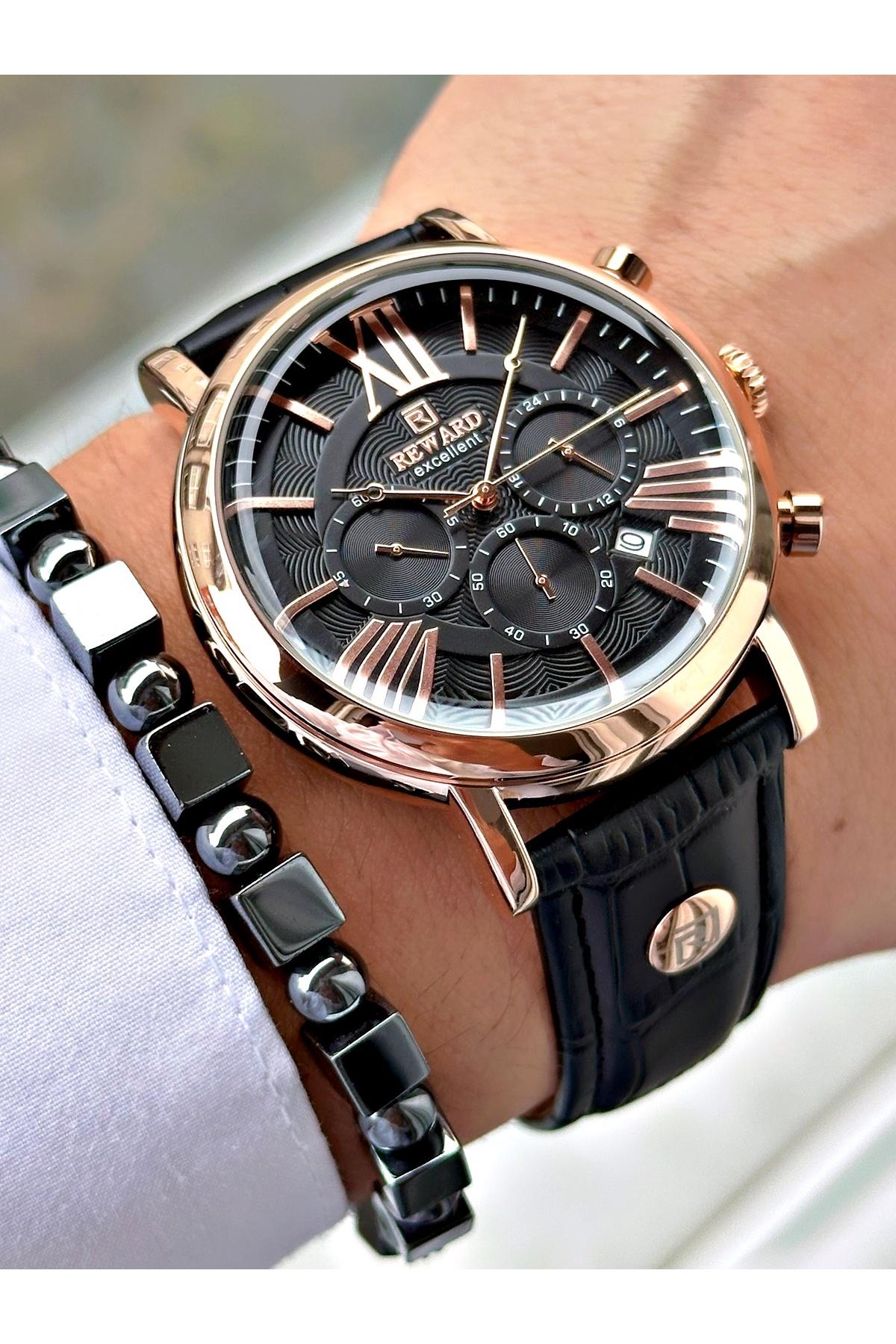 Reward Siyah Renk Deri Kordon Roma Rakamlı Orjinal Kilit Fonksiyonlu Erkek Kol Saati + BİLEKLİK HEDİYELİ