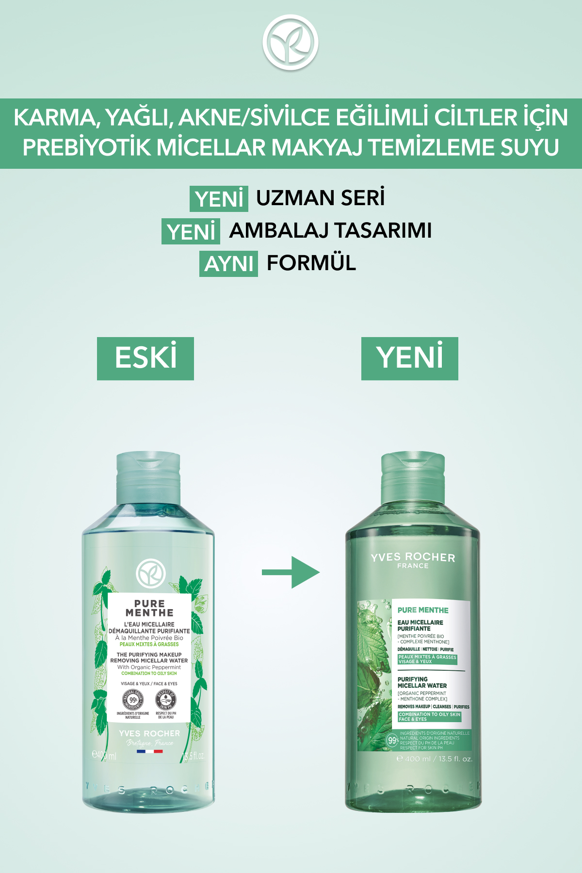 Yves Rocher Micellar Makyaj Temizleme Suyu-Karma,Yağlı, Eğilimli Cilt-Pure Menthe Botanik Kompleks 400ml - Görsel 3