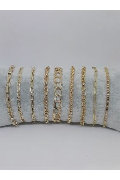 Kusakli 9'lu Gold Altın Rengi Zincir Bileklik Seti