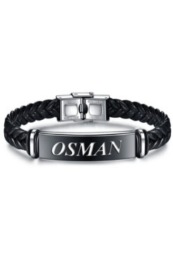 Takı Dükkanı Kişiye Özel Isimli Yazılı Deri Siyah Çelik Erkek Bileklik Scb14