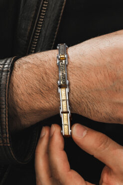 OSMANLI GÜMÜŞ Grek Basamaklı Çelik Sarı Erkek Bileklik Künye Cblaltgrek1