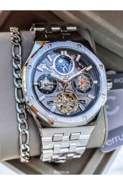 Ferrucci Otomatik Pilsiz, Çelik Kordon,Fonksiyonlu,Füme Renk,Gerçek Dış Çekim Erkek Kol Saati+Bileklik