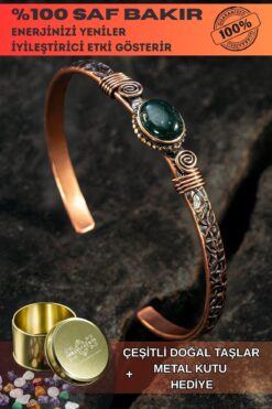 OSMANLI GÜMÜŞ Bakır Kelepçe Bilezik Yeşil Akik Doğal Taş Erkek Kadın Kuvars Taşı ve Metal Kutulu