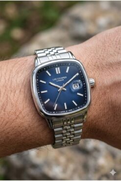 Lee Cooper Gümüş Kare Kasa Erkek Kol Saati | 40 mm Çelik Kasa, Gümüş Çelik Kordon, Lacivert Kadran