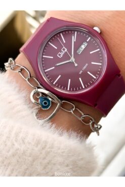 Q&Q Marka Mor Renk ,silikon Kordon, Takvimli, Bay/bayan Spor Kol Saati