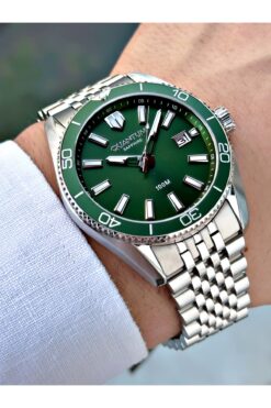 Quantum Takvimli Gümüş-Yeşil Renk Safir Cam Çelik Kordon Çelik Kasa Erkek Kol Saati 1215.370MR