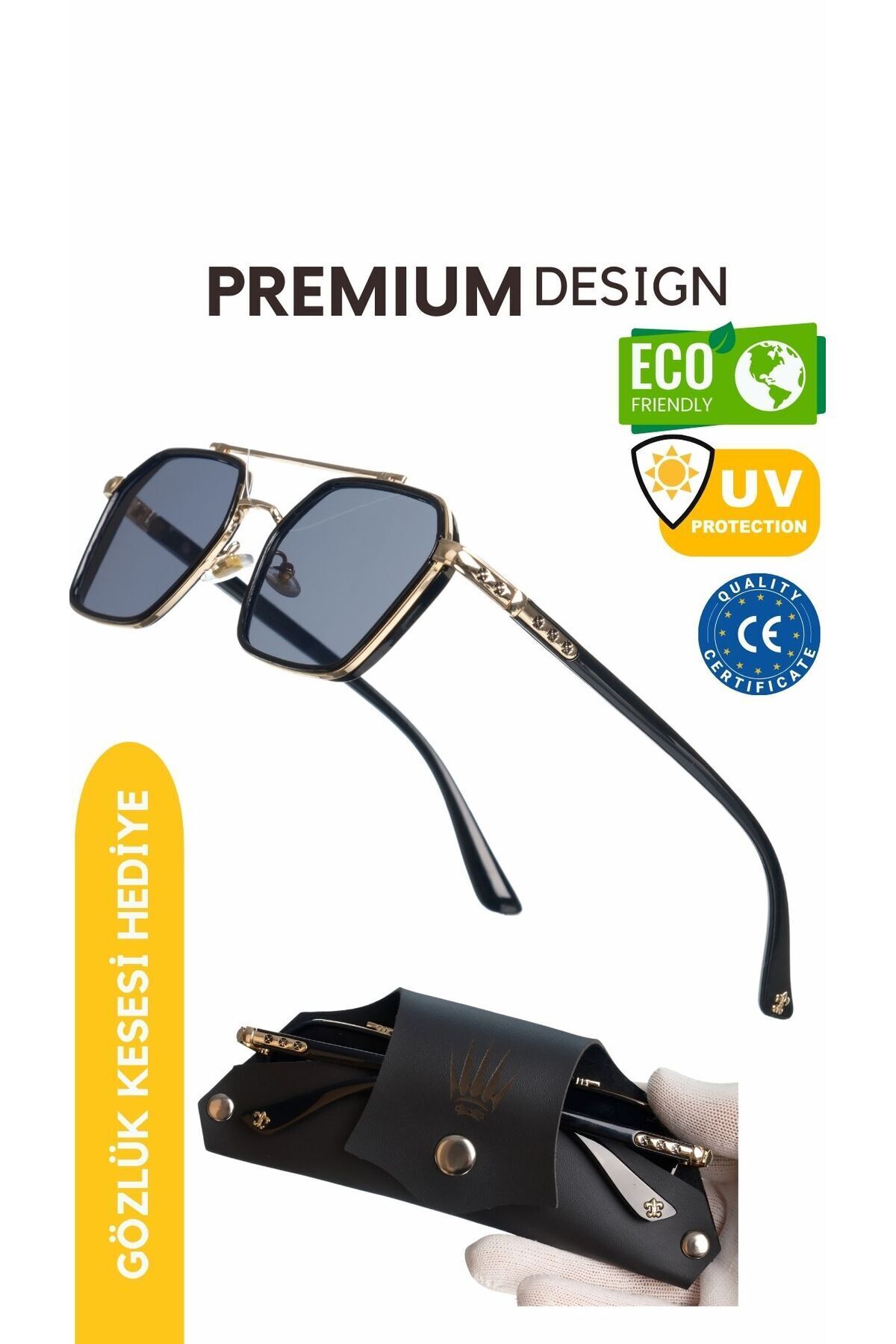 WATCHOFROYAL Güneş Gözlüğü Kadın & Erkek Uv400 Cam Ce Belgeli Gold Siyah Re0039w