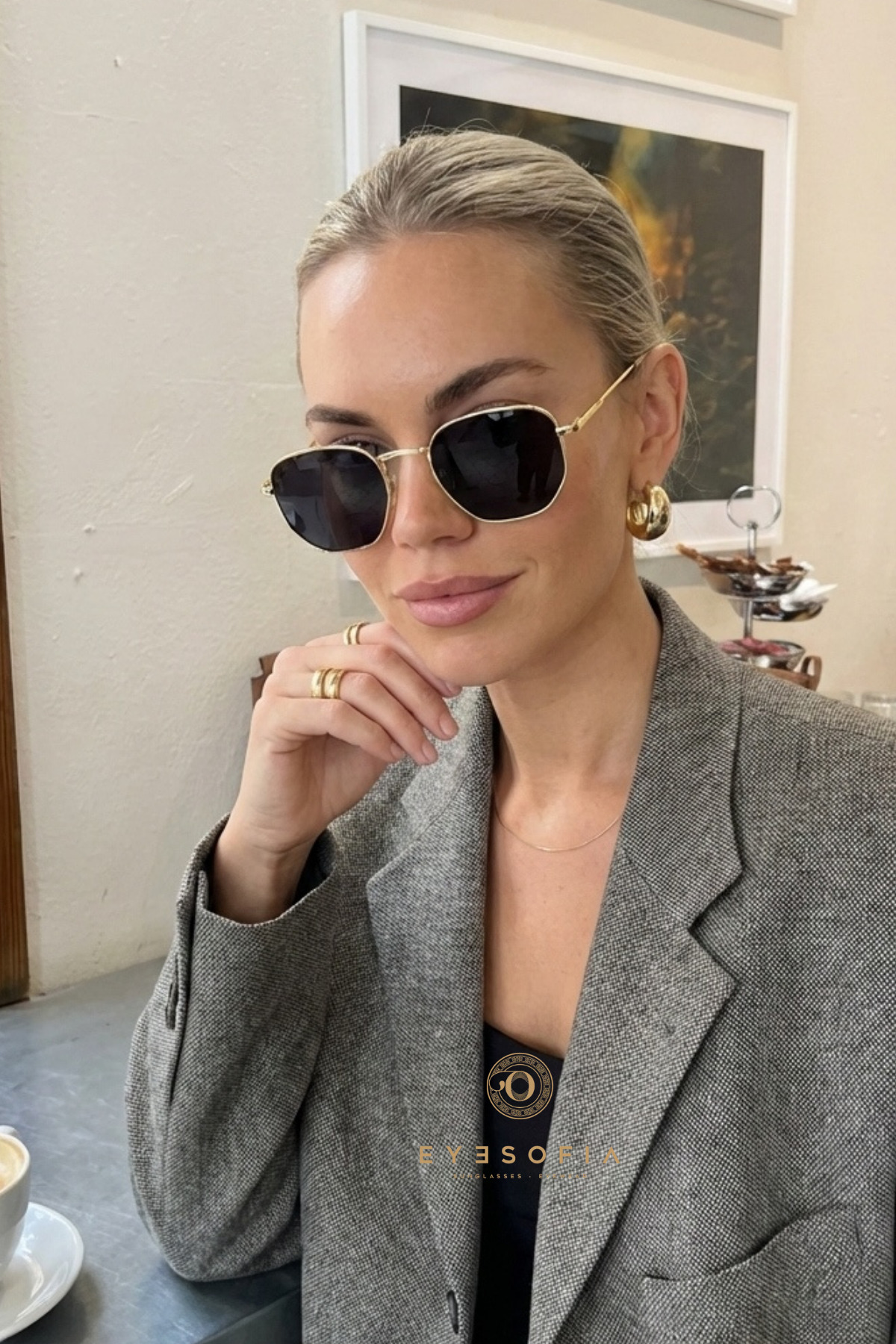 Eyesofia Valery Gold Siyah Metal Beşgen Unısex Güneş Gözlüğü