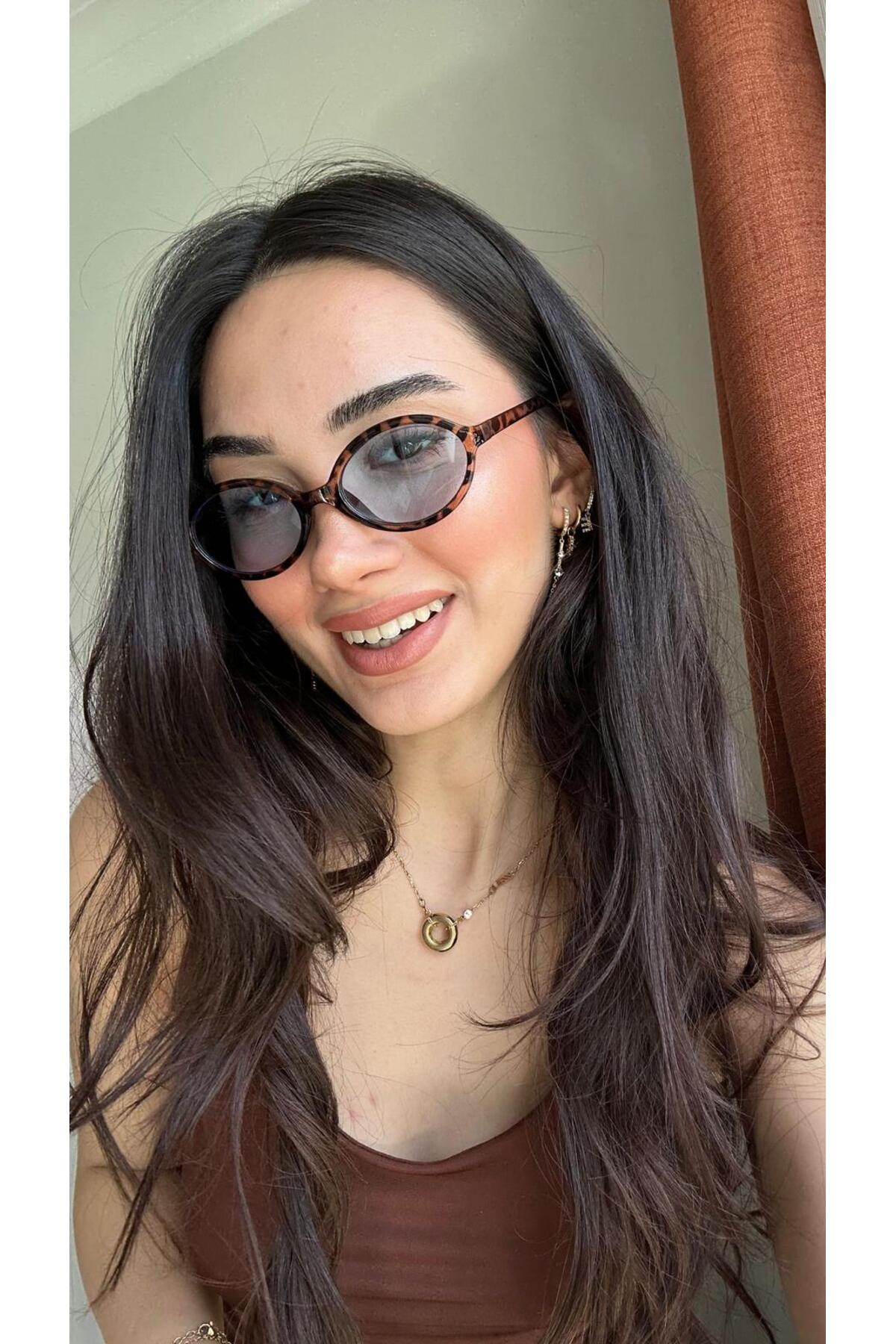 funeyes Miux Oval Mavi Camlı Leopar desenli Güneş Gözlüğü Hafif ürün - Görsel 3