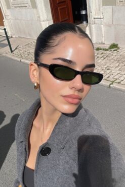 Eyesofia Laurent Slim Tasarım Ince Uv400 Unisex Siyah Yeşil Güneş Gözlüğü