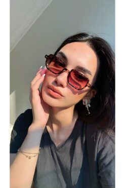 funeyes Lodin Leopar Çerçeveli Kahverengi Degrade Camlı Güneş Gözlüğü Köşeğen Dikdörtgen Erkek Kadın