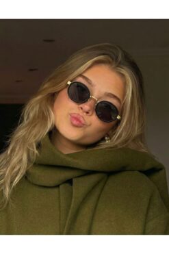 funeyes Max Siyah Gold Oval Metal Elips Küçük Yüzler için Güneş Gözlüğü Premium Seri