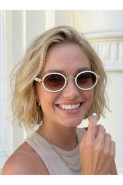 funeyes Max Elips Oval Beyaz Çerçeve Kahverengi Cam Güneş Gözlüğü Unisex Metal Trend Gözlük