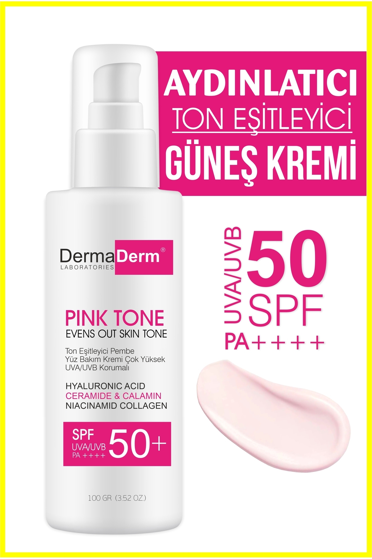 DermaDerm Ton Eşitleyici Aydınlatıcı Güneş Kremi 100ml – Sunblock Tone Up Base Pink Spf50 /pa