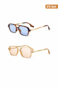 TomyHelf Retro Kare Güneş Gözlüğü 2’li Set Leopar Mavi Cam ve Şeffaf Bej Cam UV400 Korumalı