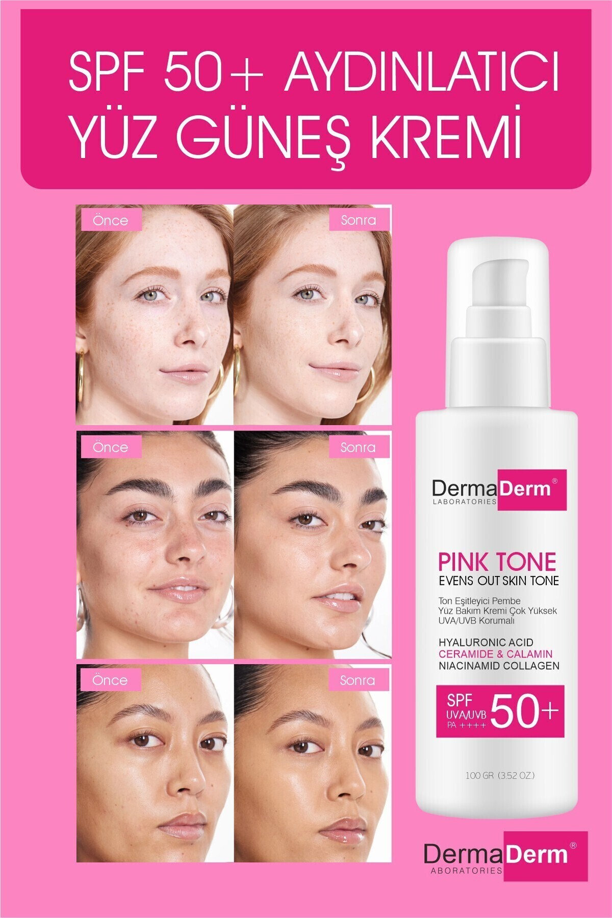 DermaDerm Ton Eşitleyici Aydınlatıcı Güneş Kremi 100ml – Sunblock Tone Up Base Pink Spf50 /pa - Görsel 2
