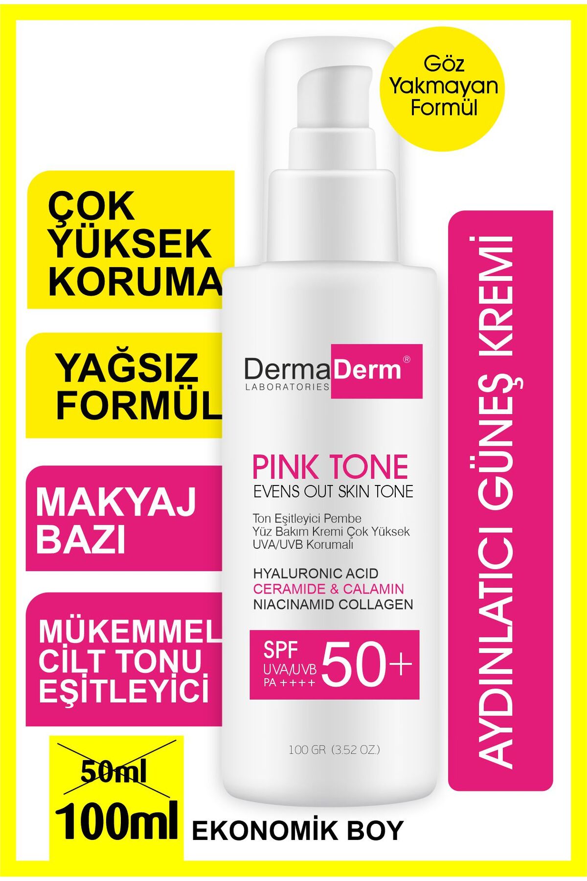 DermaDerm Ton Eşitleyici Aydınlatıcı Güneş Kremi 100ml – Sunblock Tone Up Base Pink Spf50 /pa - Görsel 3