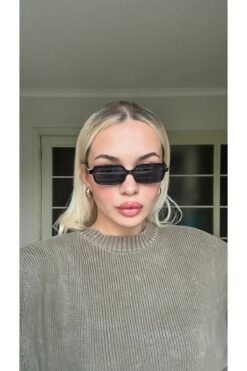 TomyHelf Siyah Slim Rectangle Kadın Güneş Gözlüğü UV400 Korumalı Düz Çerçeve Tasarım