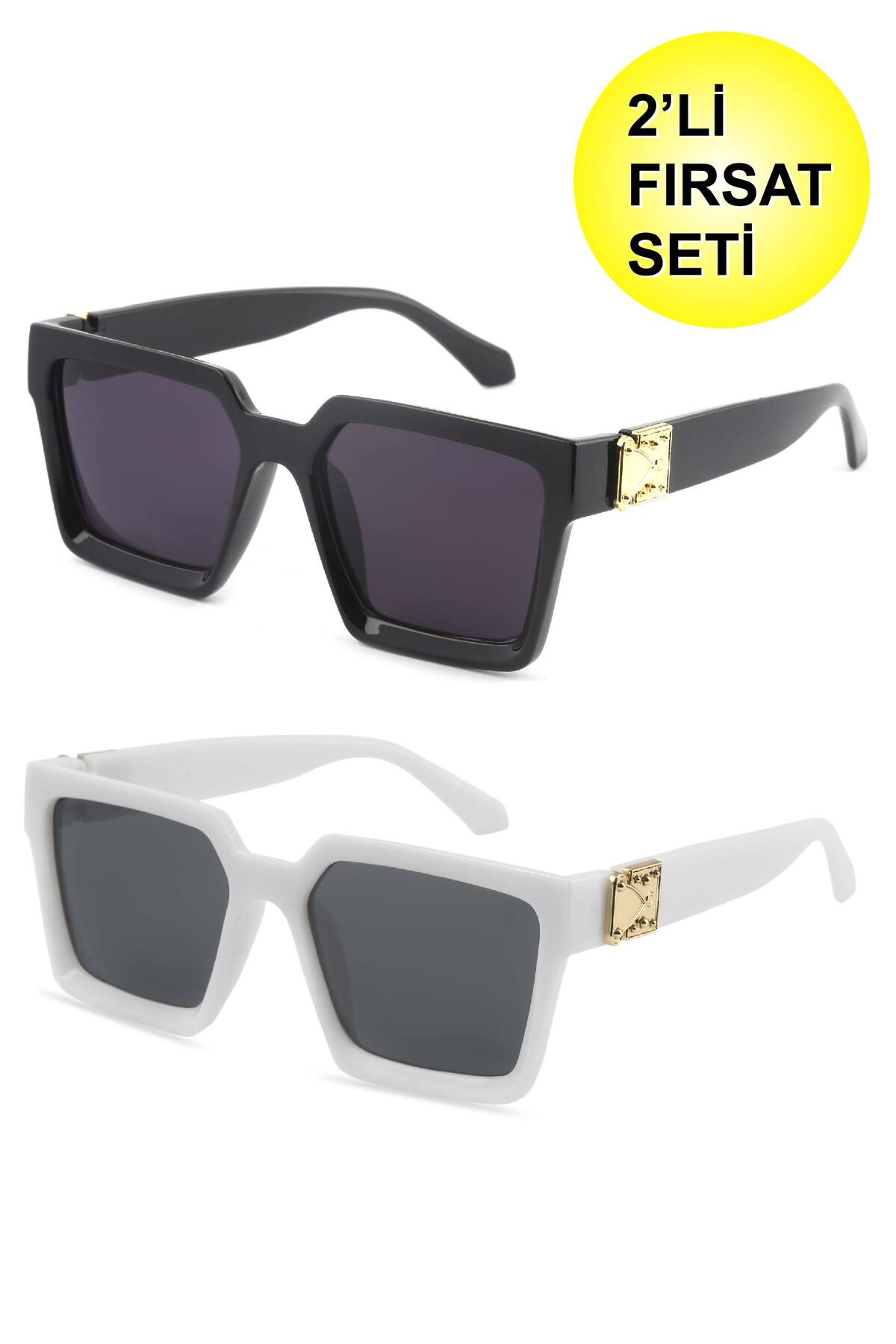 KAMPANİX YENİ SEZON BÜYÜK FIRSAT 2Lİ SET SİYAH VE BEYAZ GOLD DETAYLI UNİSEX TREND GÜNEŞ GÖZLÜĞÜ SETİ