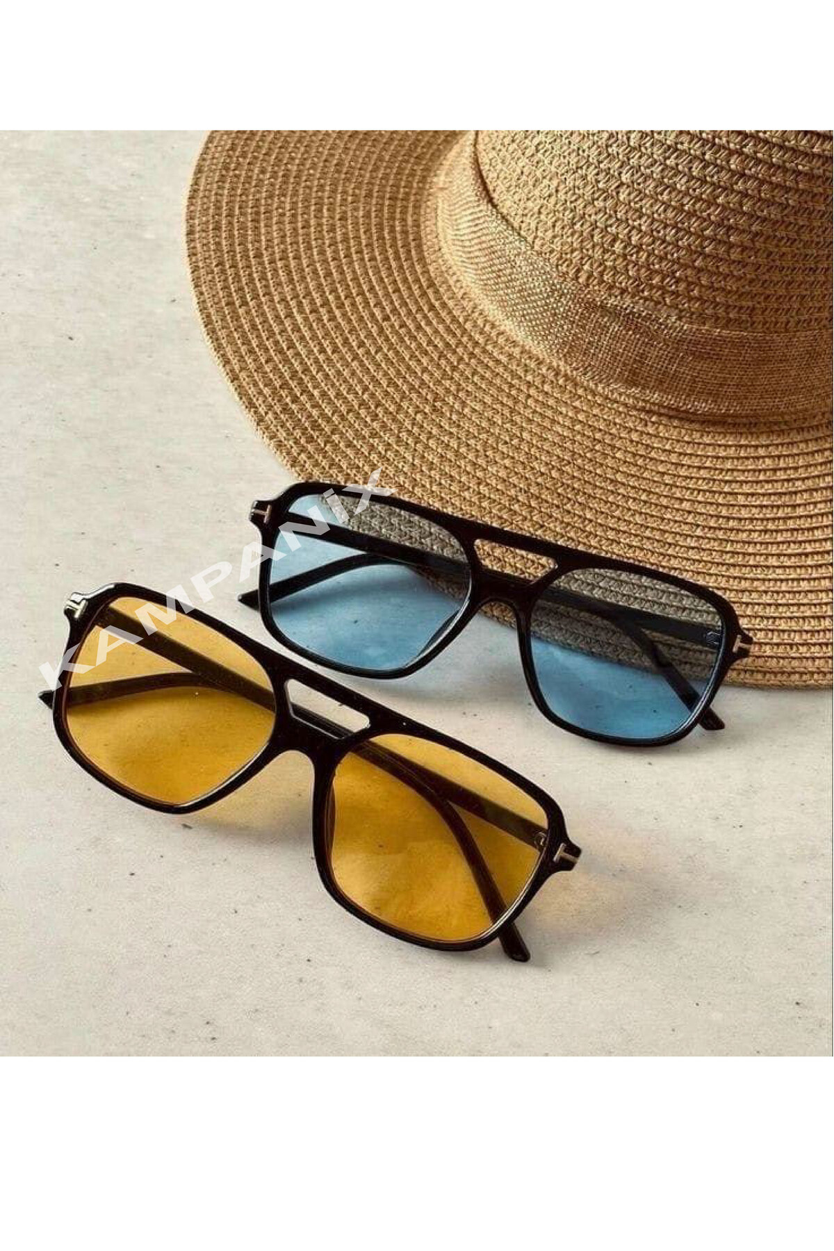 KAMPANİX 2'Lİ SET YENİ SEZON GÜNLÜK TURUNCU-MAVİ CAMLI UNISEX TREND GÜNEŞ GÖZLÜKLERİ