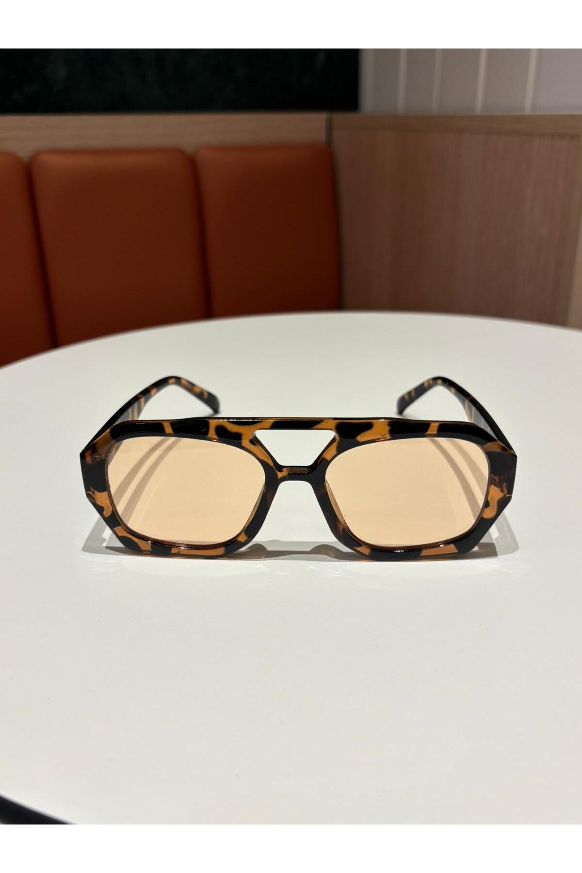 funeyes Vehla Leopar Desen Somon (şeftali) Renk Trend Gözlük Güneş Gözlüğü Renkli Cam Büyük Gözlük - Görsel 2