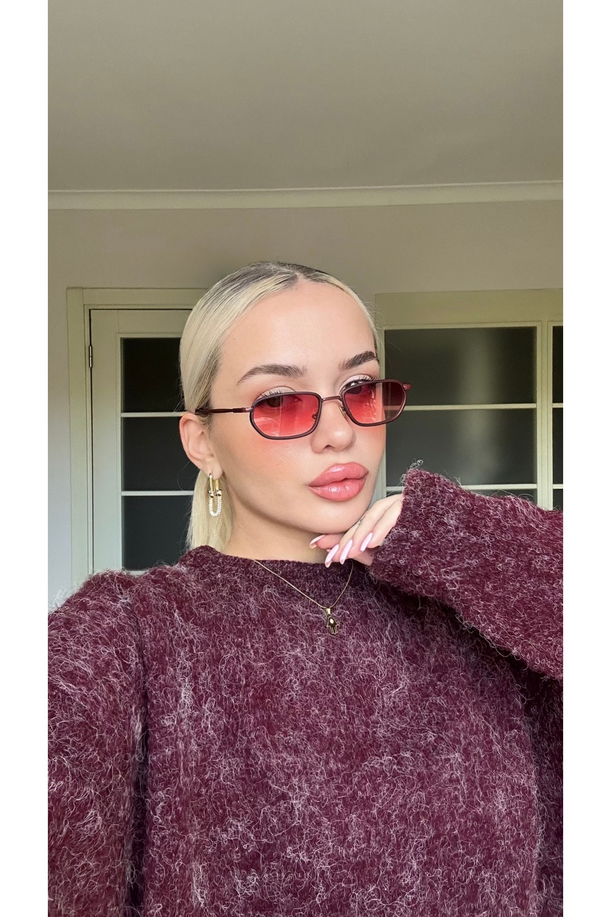 Angel Eyes Minimal Geometrik Tasarım Bordo Çerçeve Bordo Cam Güneş Gözlüğü Kadın&Erkek CE BELGELİ